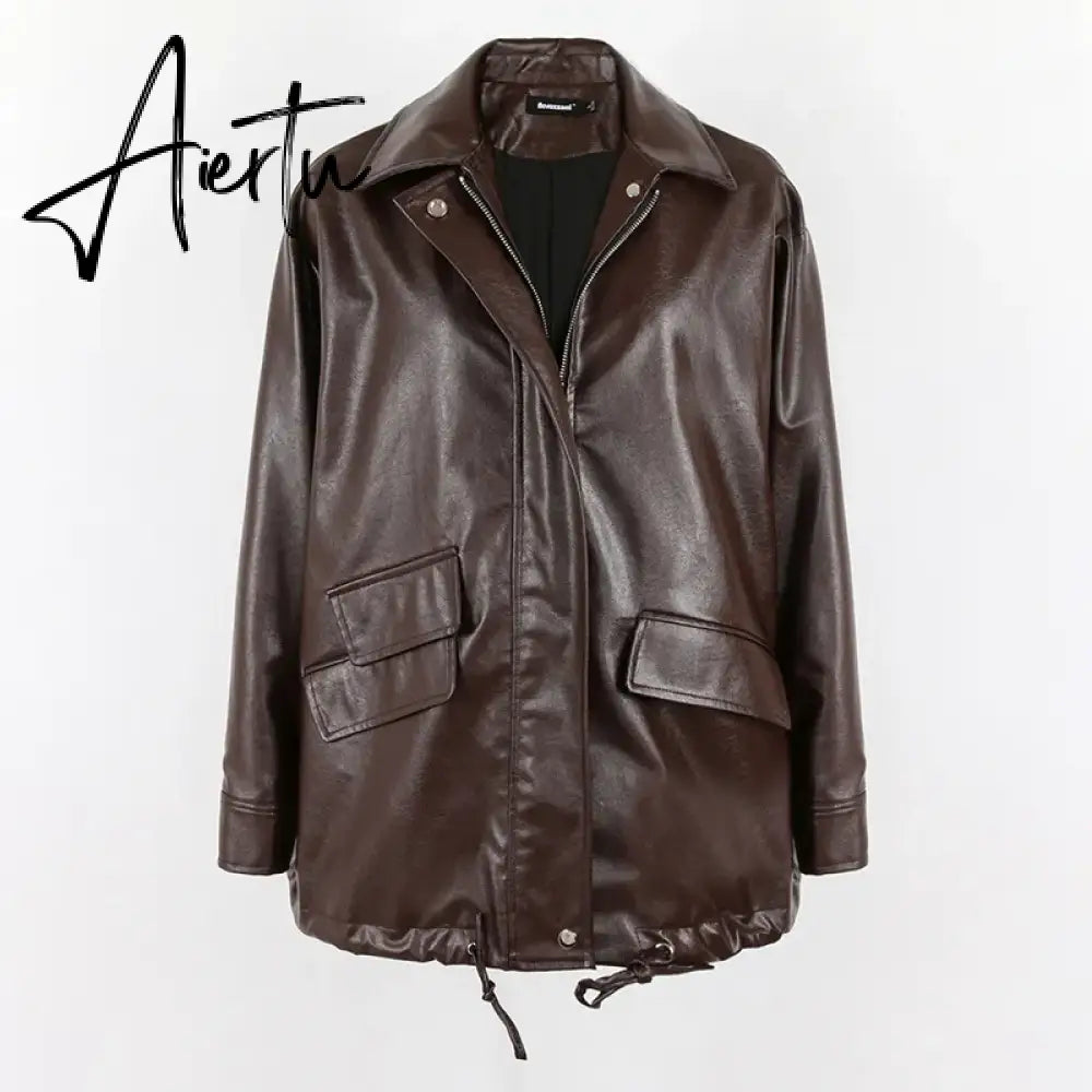 Spring Autumn Black Oversized Faux Leather Jackets for Women Zippper Loose Cool Casual Soft Pu Leather Jacket Aiertu