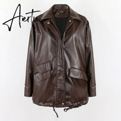 Spring Autumn Black Oversized Faux Leather Jackets for Women Zippper Loose Cool Casual Soft Pu Leather Jacket Aiertu