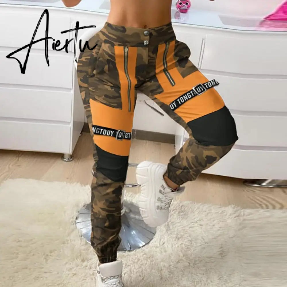 Spring Autumn Cargo Pants Casual Elastic Buckle Camouflage Sweatpant Overall Women Patchwork High Waist Trousers Streetwear Aiertu