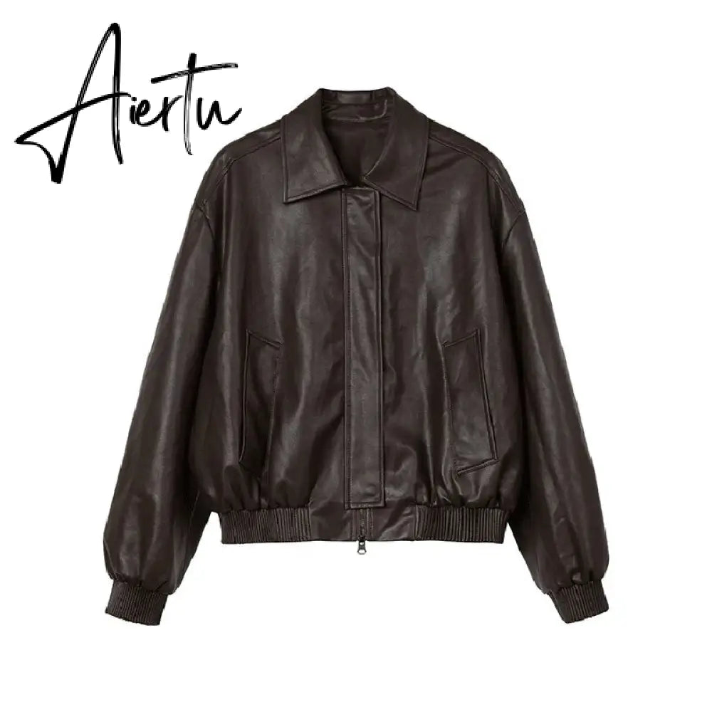 Spring Autumn Oversized Casual Waterproof Coffe Soft Pu Leather Jacket Women with Drop Shoulder Long Sleeve Fashion Aiertu