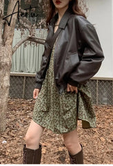 Spring Autumn Oversized Casual Waterproof Coffe Soft Pu Leather Jacket Women with Drop Shoulder Long Sleeve Fashion Aiertu