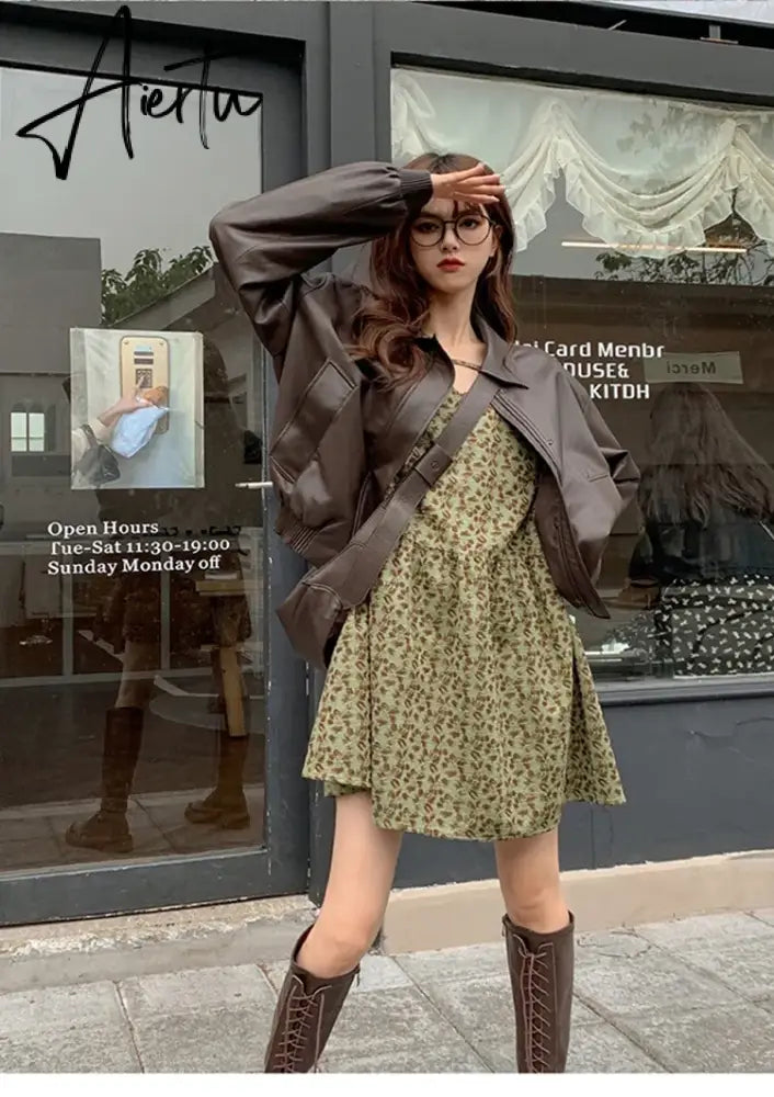 Spring Autumn Oversized Casual Waterproof Coffe Soft Pu Leather Jacket Women with Drop Shoulder Long Sleeve Fashion Aiertu