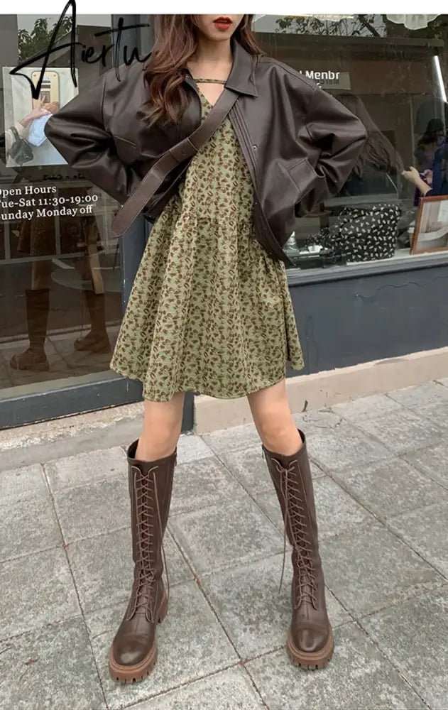 Spring Autumn Oversized Casual Waterproof Coffe Soft Pu Leather Jacket Women with Drop Shoulder Long Sleeve Fashion Aiertu
