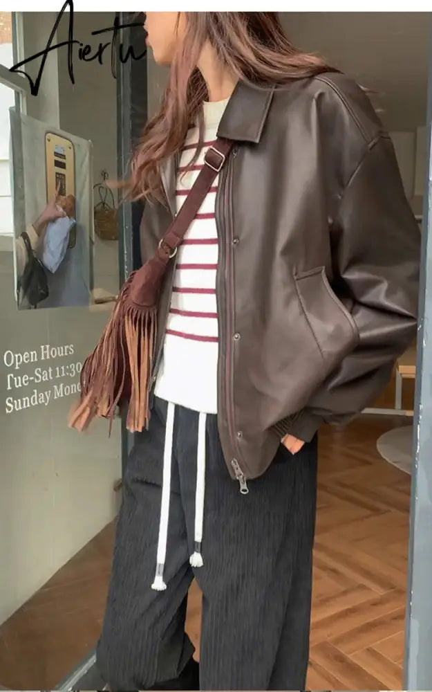 Spring Autumn Oversized Casual Waterproof Coffe Soft Pu Leather Jacket Women with Drop Shoulder Long Sleeve Fashion Aiertu