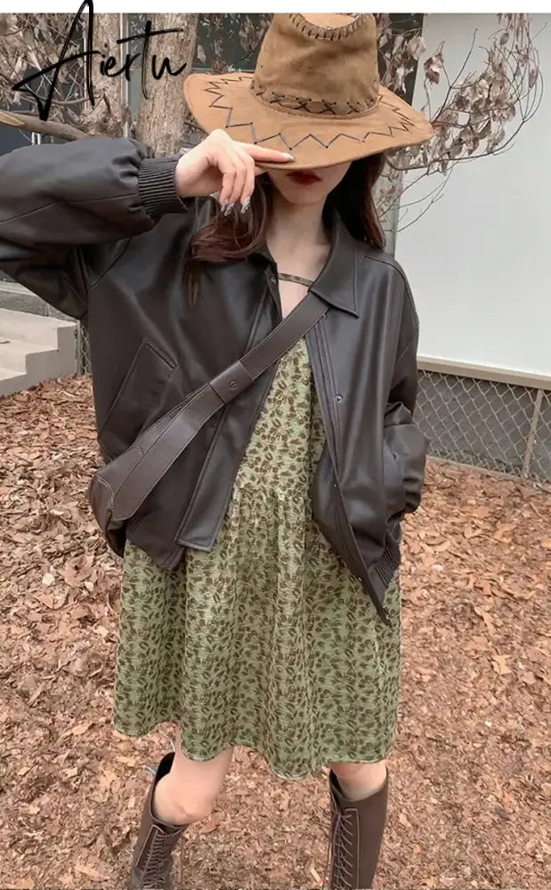 Spring Autumn Oversized Casual Waterproof Coffe Soft Pu Leather Jacket Women with Drop Shoulder Long Sleeve Fashion Aiertu