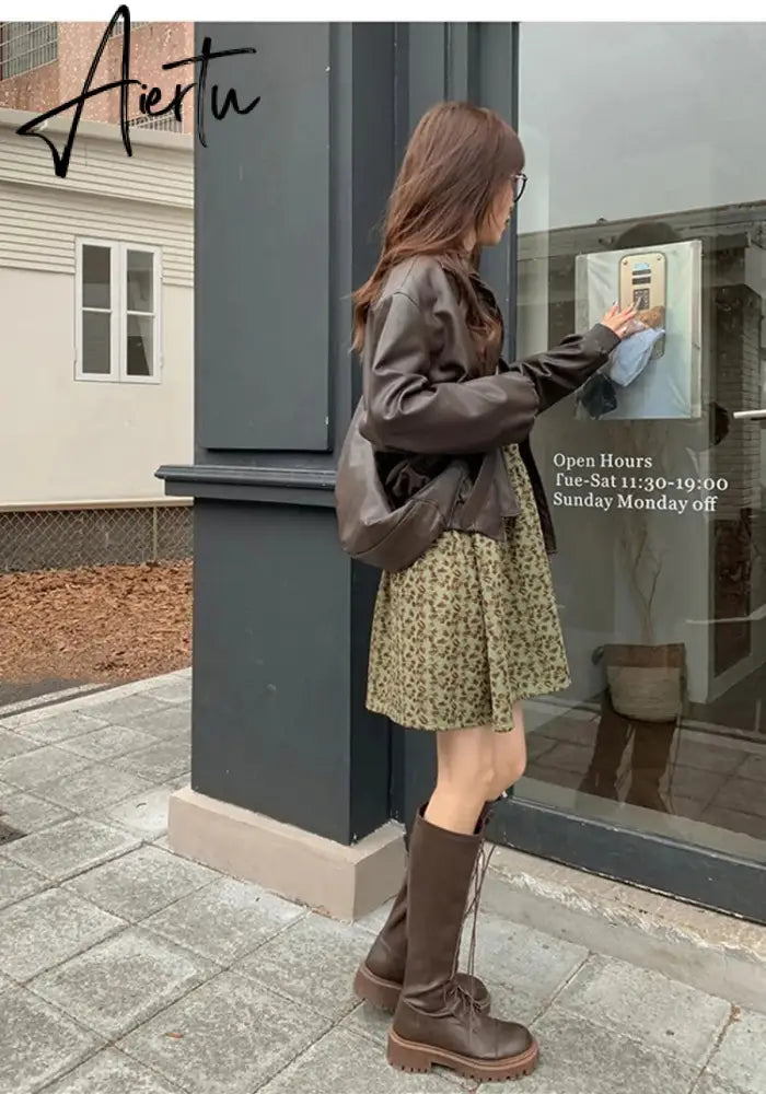 Spring Autumn Oversized Casual Waterproof Coffe Soft Pu Leather Jacket Women with Drop Shoulder Long Sleeve Fashion Aiertu