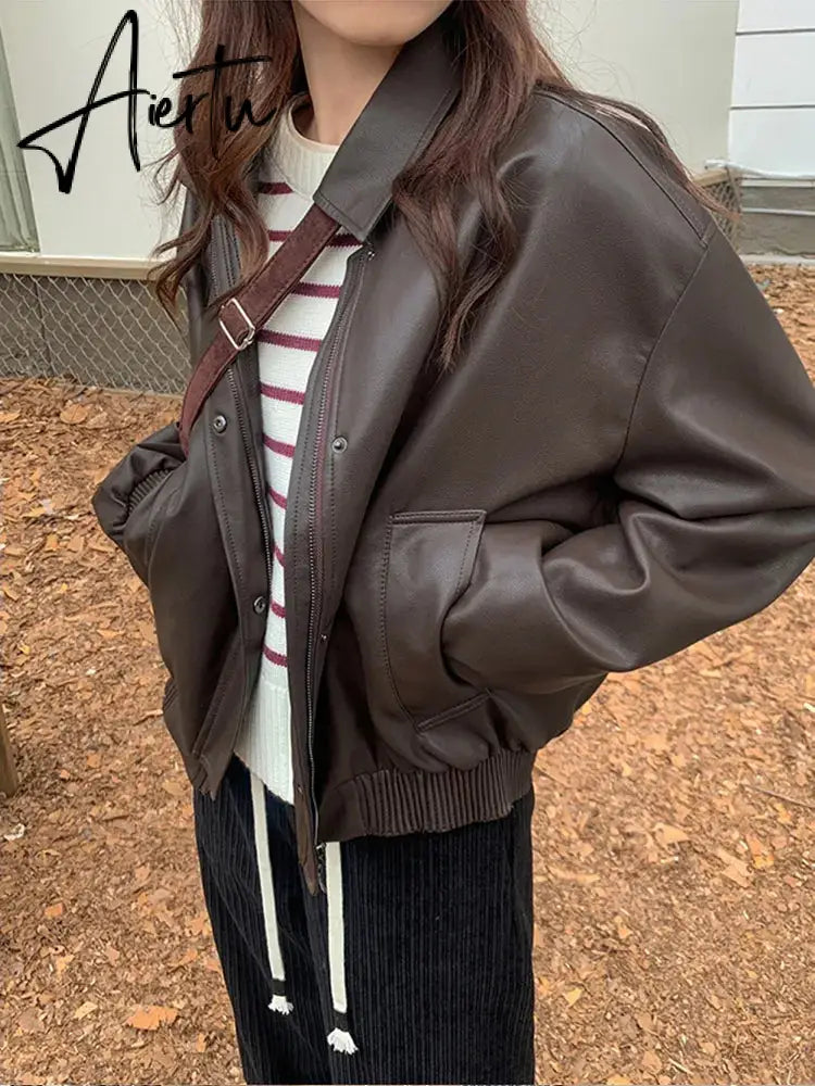 Spring Autumn Oversized Casual Waterproof Coffe Soft Pu Leather Jacket Women with Drop Shoulder Long Sleeve Fashion Aiertu