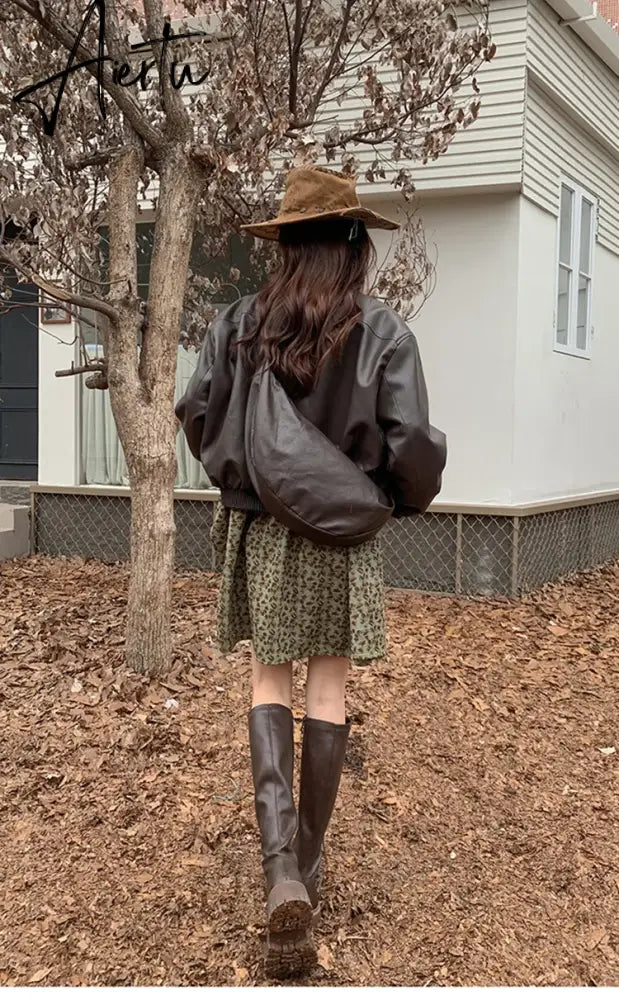 Spring Autumn Oversized Casual Waterproof Coffe Soft Pu Leather Jacket Women with Drop Shoulder Long Sleeve Fashion Aiertu