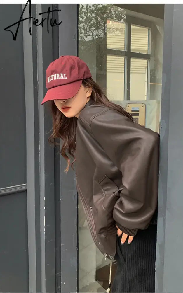 Spring Autumn Oversized Casual Waterproof Coffe Soft Pu Leather Jacket Women with Drop Shoulder Long Sleeve Fashion Aiertu