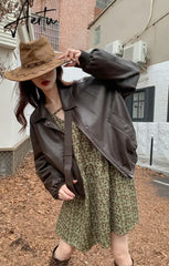 Spring Autumn Oversized Casual Waterproof Coffe Soft Pu Leather Jacket Women with Drop Shoulder Long Sleeve Fashion Aiertu