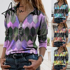 Spring Autumn Women Loose Casual Vintage Tees Zipper Neckline V Neck Cotton Blouse Hexagon Print Shirts Full Long Sleeve Aiertu