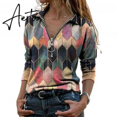 Spring Autumn Women Loose Casual Vintage Tees Zipper Neckline V Neck Cotton Blouse Hexagon Print Shirts Full Long Sleeve Aiertu