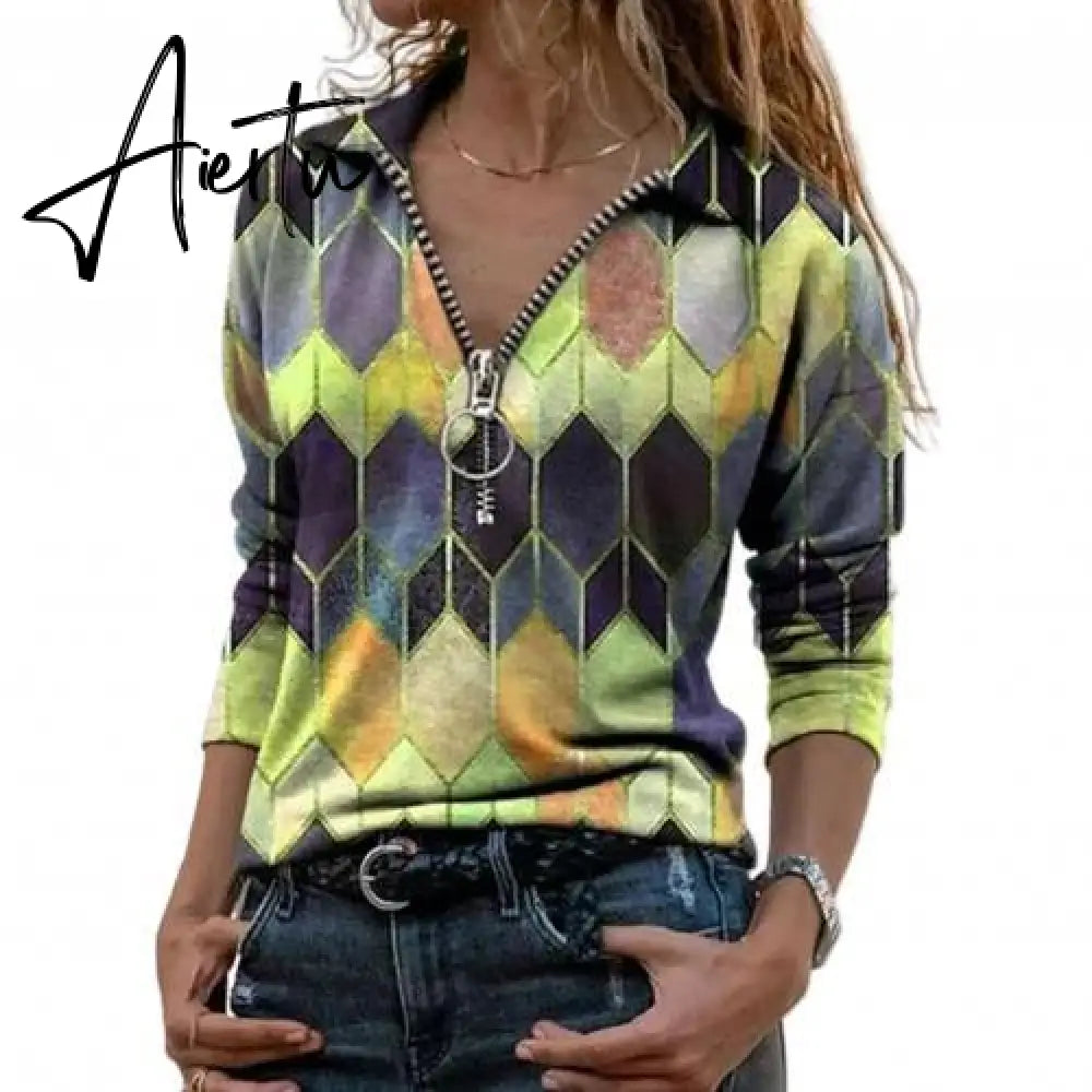 Spring Autumn Women Loose Casual Vintage Tees Zipper Neckline V Neck Cotton Blouse Hexagon Print Shirts Full Long Sleeve Aiertu