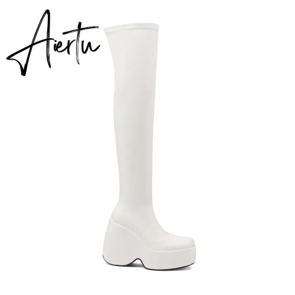 Spring autumn Women Over The Knee High Boots Pointed Toe wedges Heels slip on platform white Thigh High Boots Aiertu