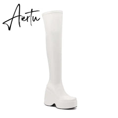 Spring autumn Women Over The Knee High Boots Pointed Toe wedges Heels slip on platform white Thigh High Boots Aiertu