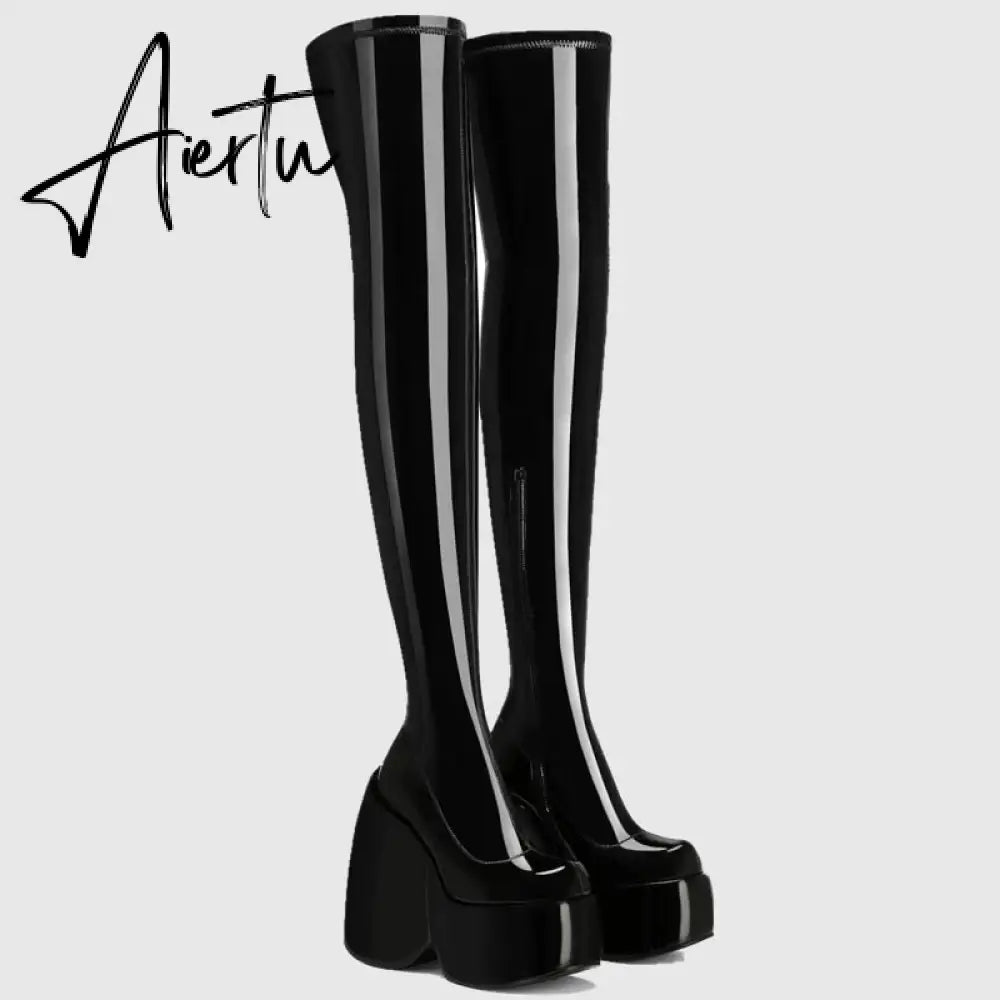 Spring autumn Women Over The Knee High Boots Pointed Toe wedges Heels slip on platform white Thigh High Boots Aiertu