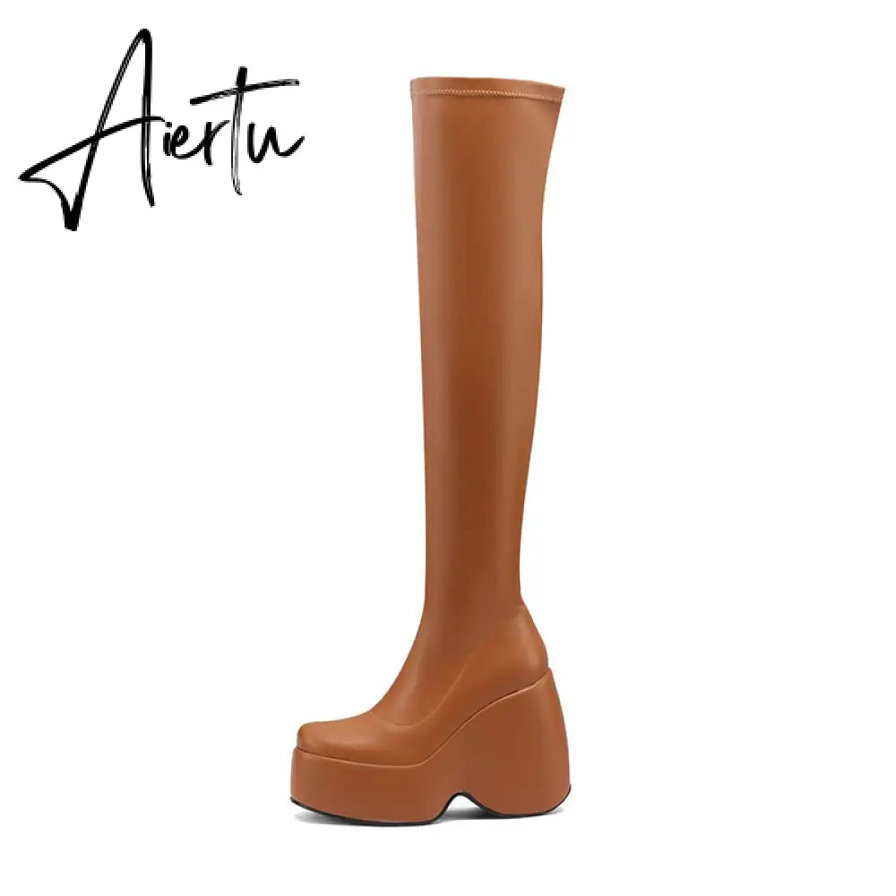 Spring autumn Women Over The Knee High Boots Pointed Toe wedges Heels slip on platform white Thigh High Boots Aiertu
