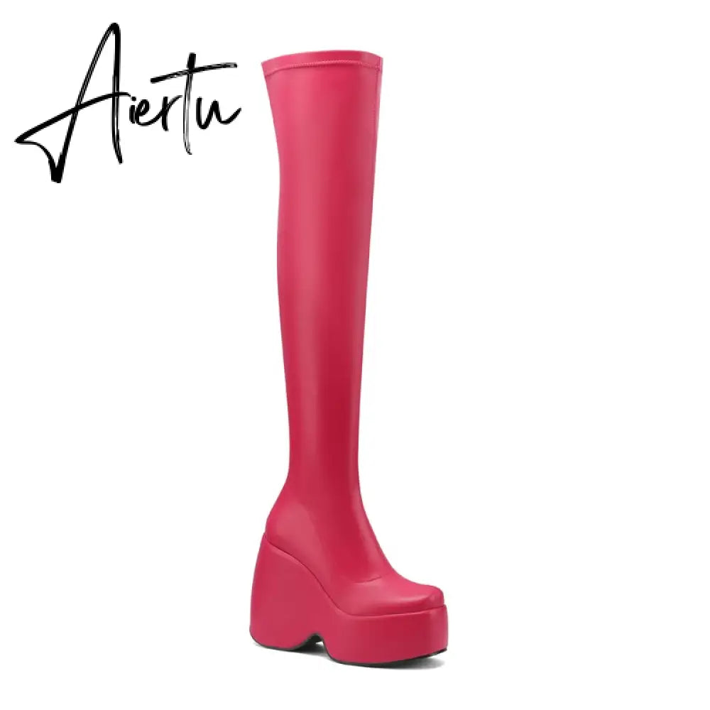 Spring autumn Women Over The Knee High Boots Pointed Toe wedges Heels slip on platform white Thigh High Boots Aiertu