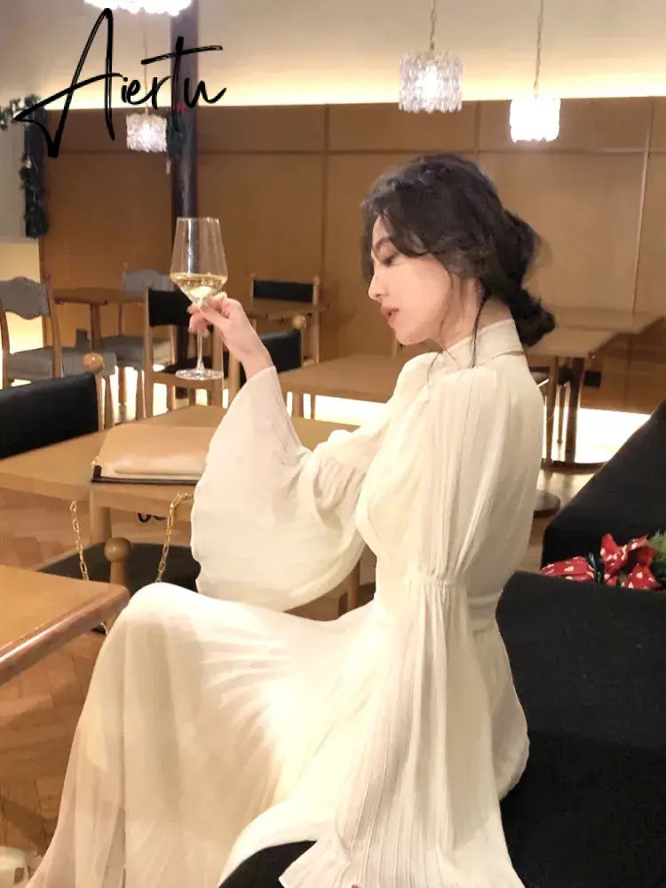 Spring Elegant V-Neck Midi Dress Office Lady Long Sleeve Casual One Piece Dress Korean French Vintage Chiffon Dress Women Aiertu