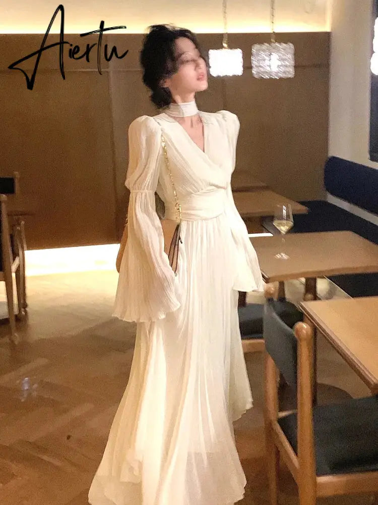 Spring Elegant V-Neck Midi Dress Office Lady Long Sleeve Casual One Piece Dress Korean French Vintage Chiffon Dress Women Aiertu