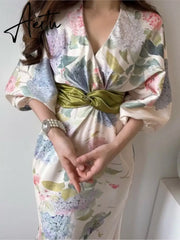 Spring Japan Style Elegant Floral Midi Dress Women Vintage Chic Bodycon Party Birthday Vestidos Female Fashion One Pieces Robe Aiertu