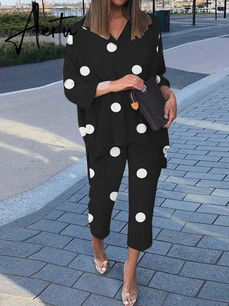 Spring Lapel Long Sleeve Shirt And Wide Leg Pants Suits Casual Graphic Print Loose Two Piece Set Women Irregular Shirts Outfits Aiertu