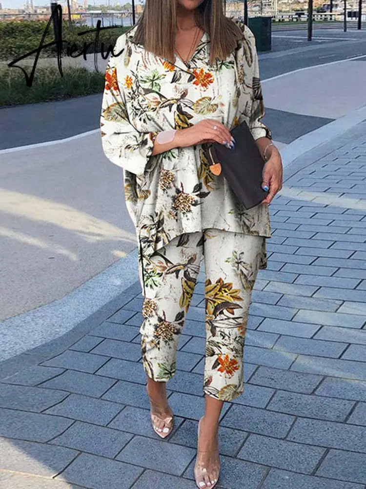Spring Lapel Long Sleeve Shirt And Wide Leg Pants Suits Casual Graphic Print Loose Two Piece Set Women Irregular Shirts Outfits Aiertu