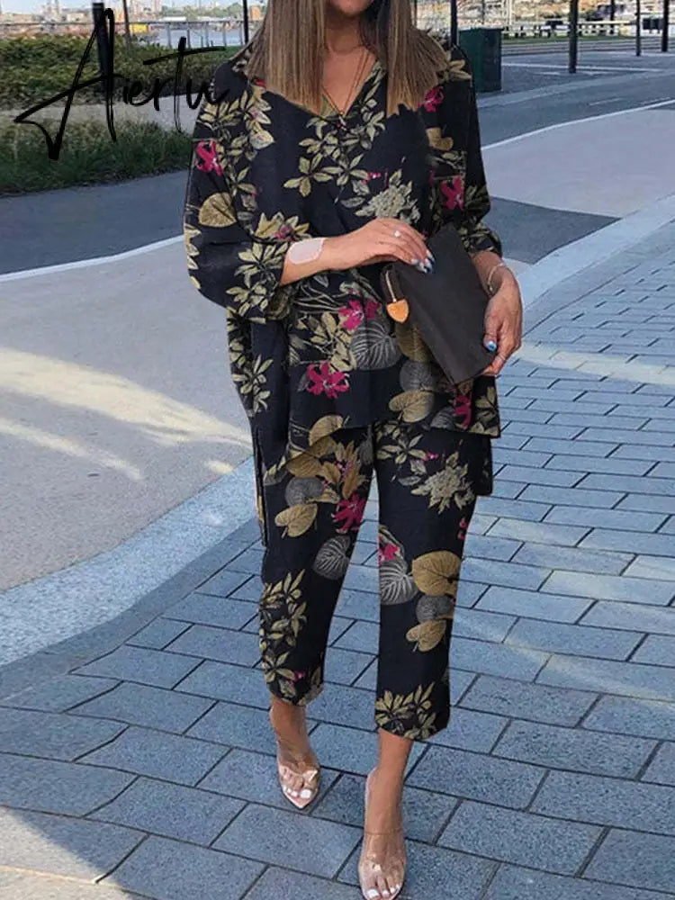 Spring Lapel Long Sleeve Shirt And Wide Leg Pants Suits Casual Graphic Print Loose Two Piece Set Women Irregular Shirts Outfits Aiertu