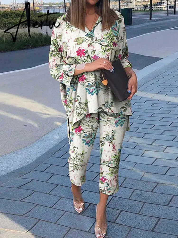 Spring Lapel Long Sleeve Shirt And Wide Leg Pants Suits Casual Graphic Print Loose Two Piece Set Women Irregular Shirts Outfits Aiertu
