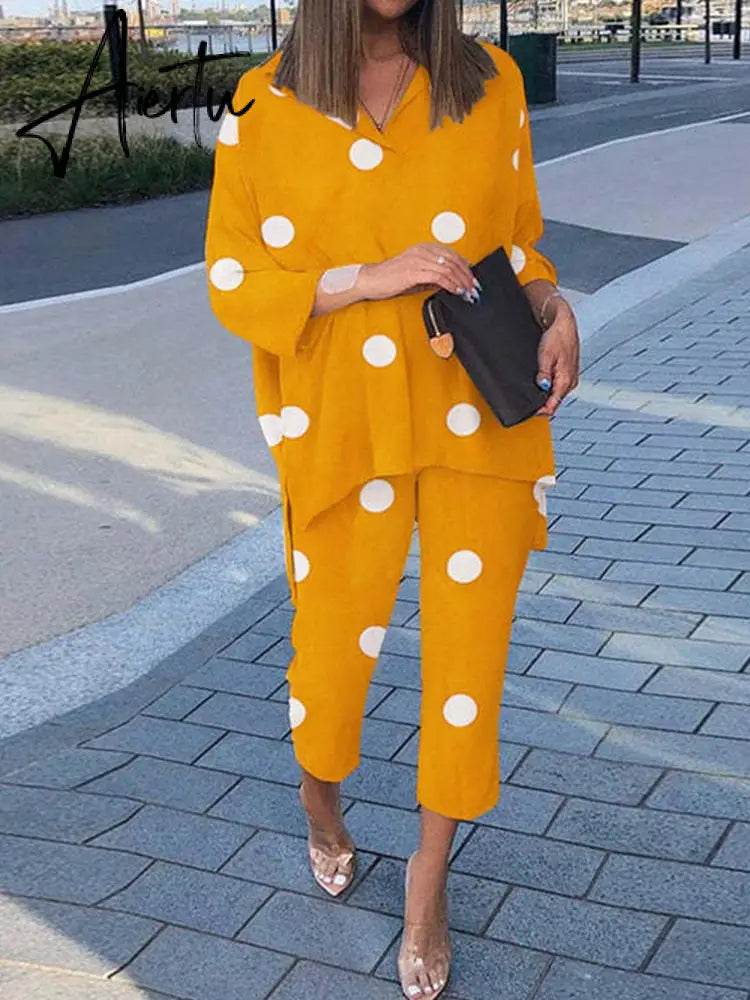 Spring Lapel Long Sleeve Shirt And Wide Leg Pants Suits Casual Graphic Print Loose Two Piece Set Women Irregular Shirts Outfits Aiertu