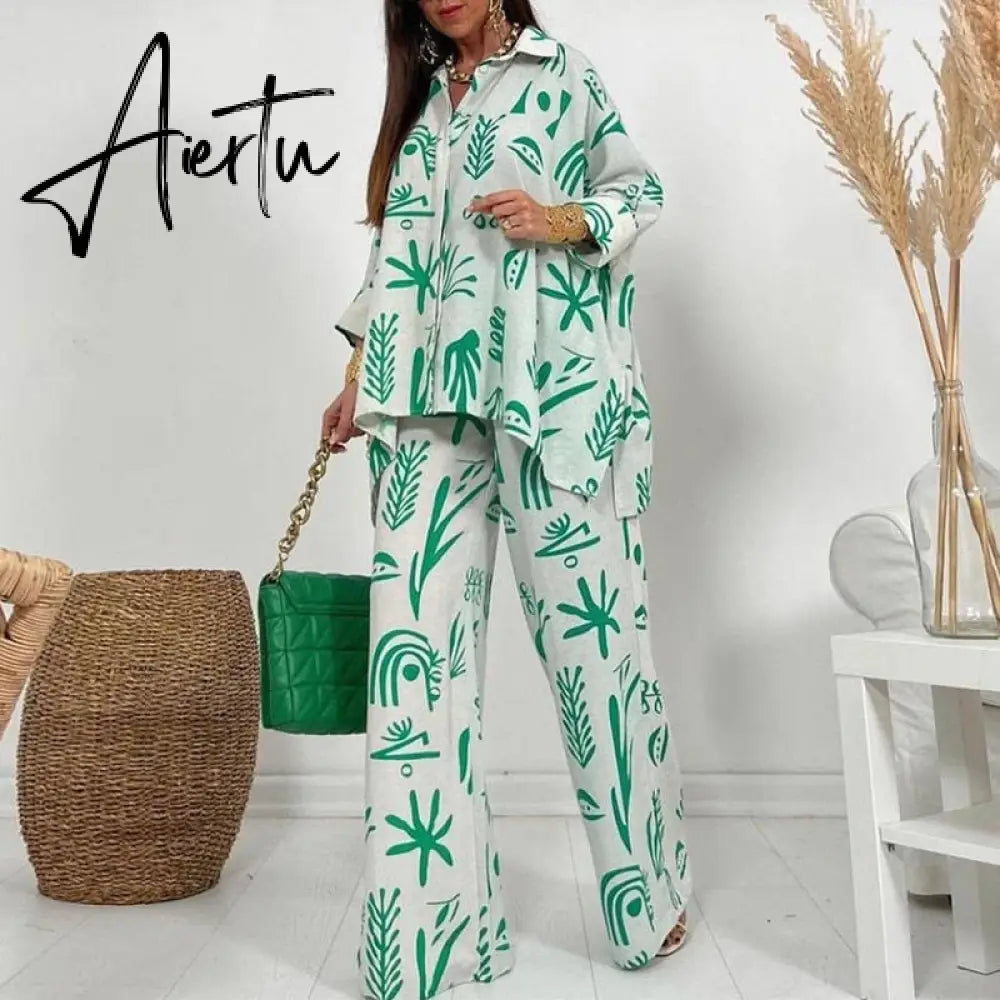 Spring Lapel Long Sleeve Shirt And Wide Leg Pants Suits Casual Graphic Print Loose Two Piece Set Women Irregular Shirts Outfits Aiertu