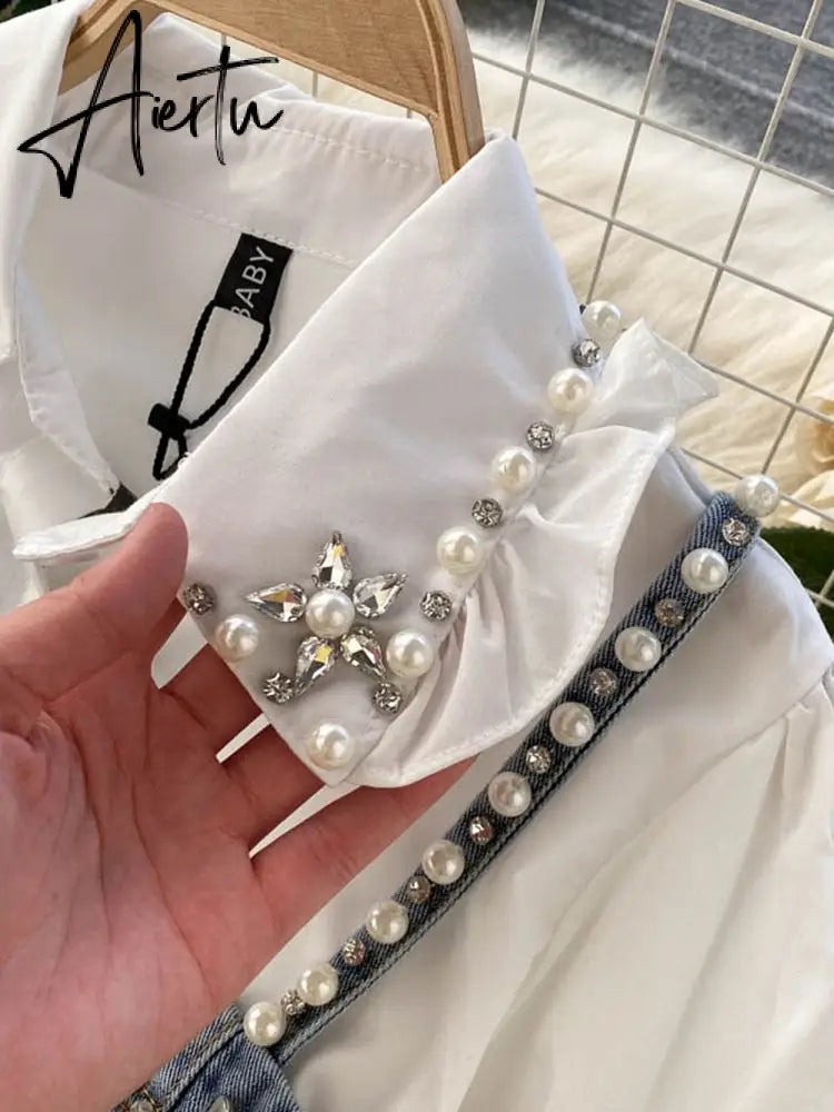 Spring New Blouse Women's Diamond Beaded Puff Sleeve Blusa Top Tassel Pearl Sling Waistcoat Two-piece Stacking Shirt C813 Aiertu