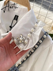 Spring New Blouse Women's Diamond Beaded Puff Sleeve Blusa Top Tassel Pearl Sling Waistcoat Two-piece Stacking Shirt C813 Aiertu