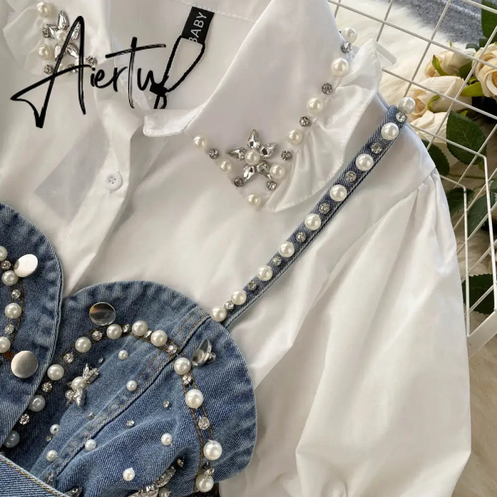 Spring New Blouse Women's Diamond Beaded Puff Sleeve Blusa Top Tassel Pearl Sling Waistcoat Two-piece Stacking Shirt C813 Aiertu