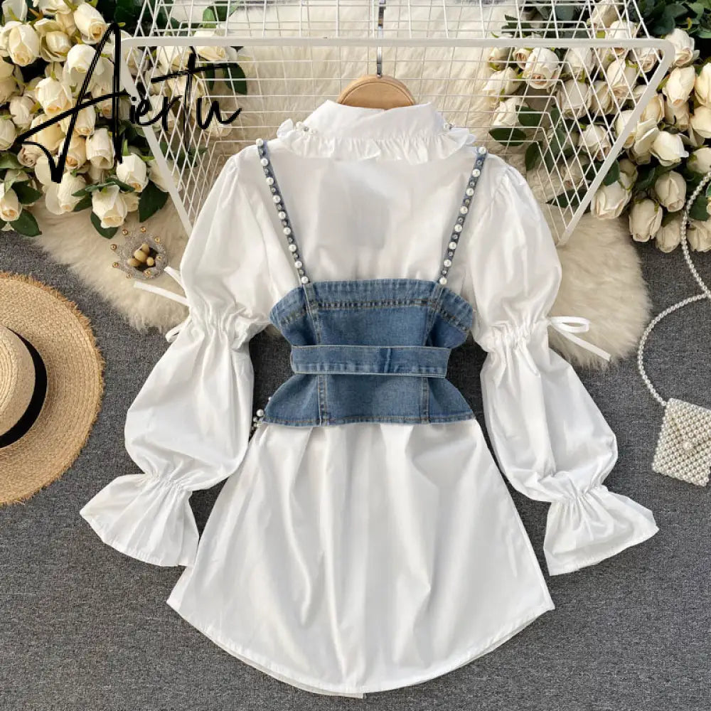 Spring New Blouse Women's Diamond Beaded Puff Sleeve Blusa Top Tassel Pearl Sling Waistcoat Two-piece Stacking Shirt C813 Aiertu