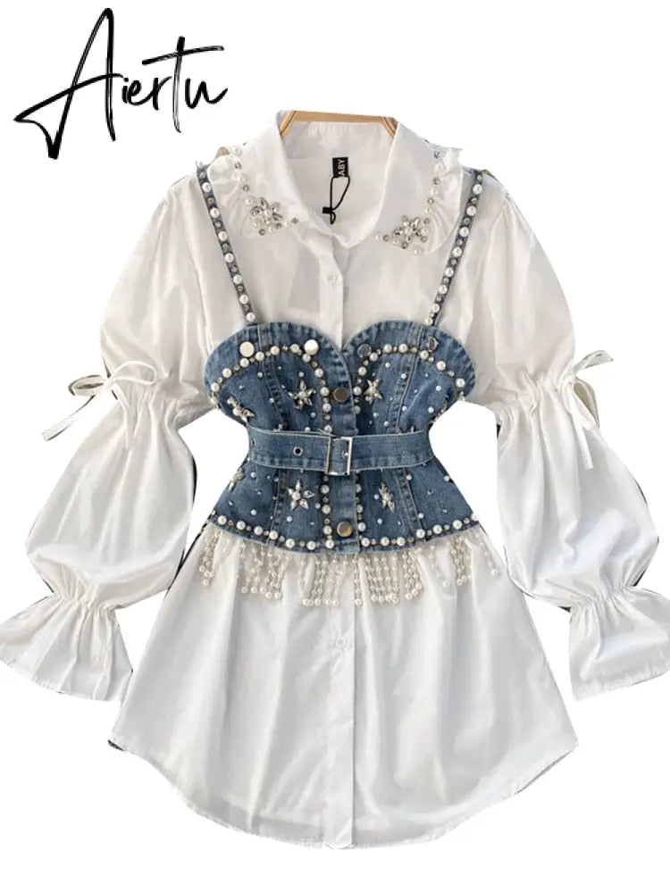 Spring New Blouse Women's Diamond Beaded Puff Sleeve Blusa Top Tassel Pearl Sling Waistcoat Two-piece Stacking Shirt C813 Aiertu