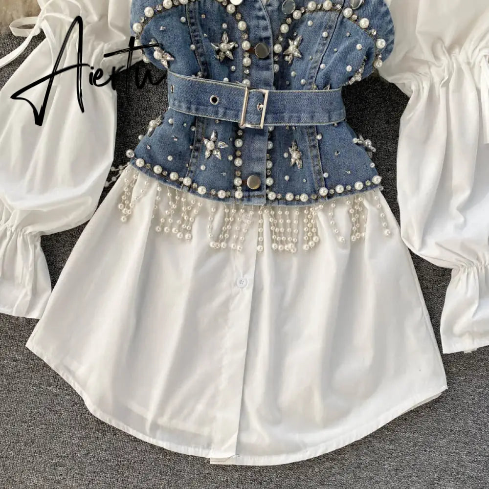 Spring New Blouse Women's Diamond Beaded Puff Sleeve Blusa Top Tassel Pearl Sling Waistcoat Two-piece Stacking Shirt C813 Aiertu