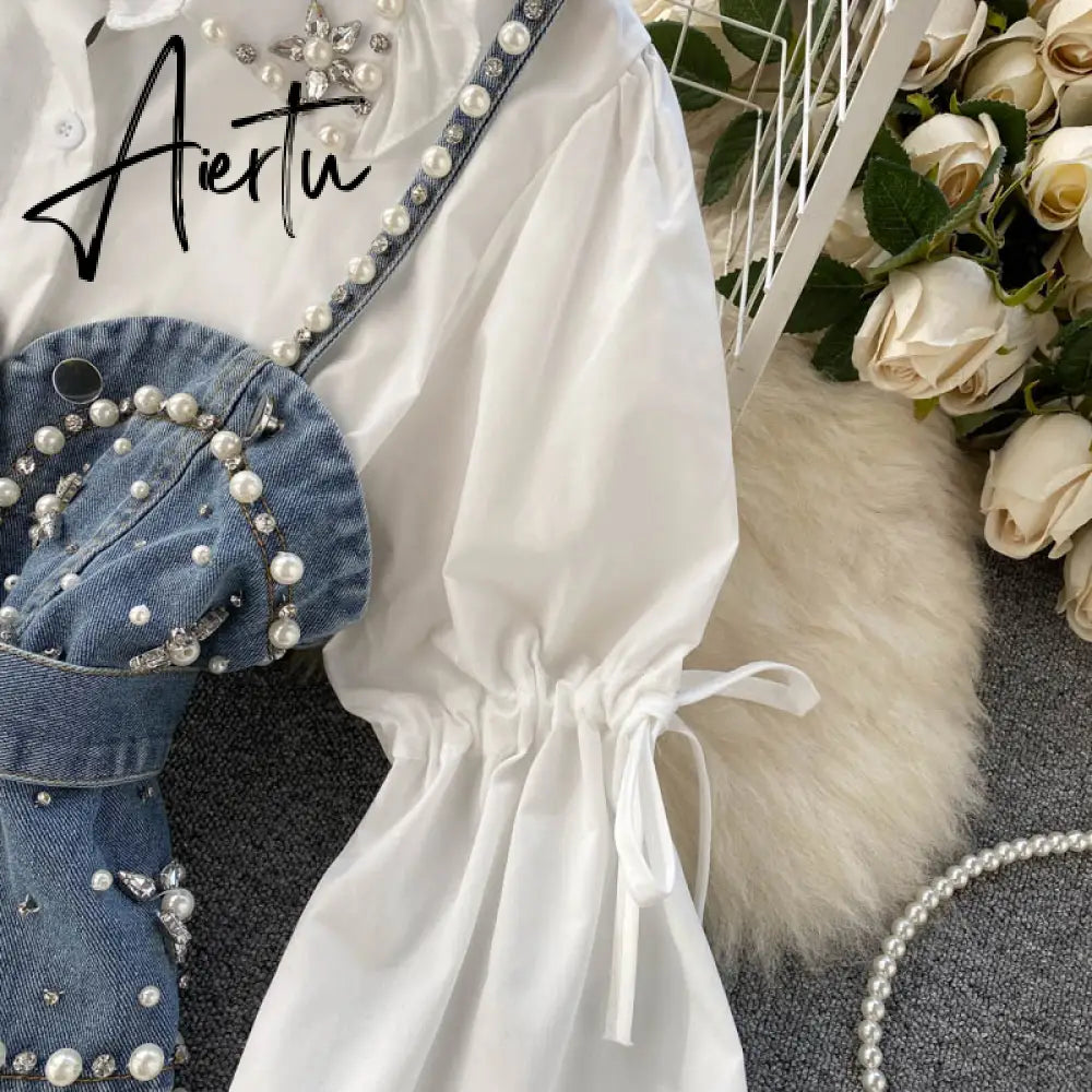 Spring New Blouse Women's Diamond Beaded Puff Sleeve Blusa Top Tassel Pearl Sling Waistcoat Two-piece Stacking Shirt C813 Aiertu