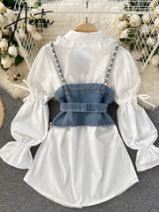 Spring New Blouse Women's Diamond Beaded Puff Sleeve Blusa Top Tassel Pearl Sling Waistcoat Two-piece Stacking Shirt C813 Aiertu