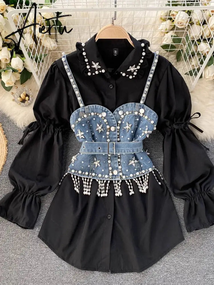 Spring New Blouse Women's Diamond Beaded Puff Sleeve Blusa Top Tassel Pearl Sling Waistcoat Two-piece Stacking Shirt C813 Aiertu
