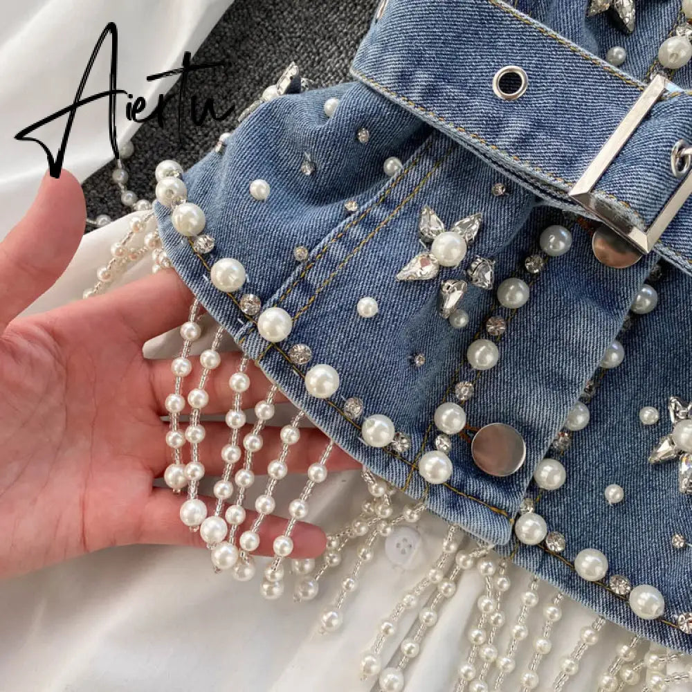 Spring New Blouse Women's Diamond Beaded Puff Sleeve Blusa Top Tassel Pearl Sling Waistcoat Two-piece Stacking Shirt C813 Aiertu