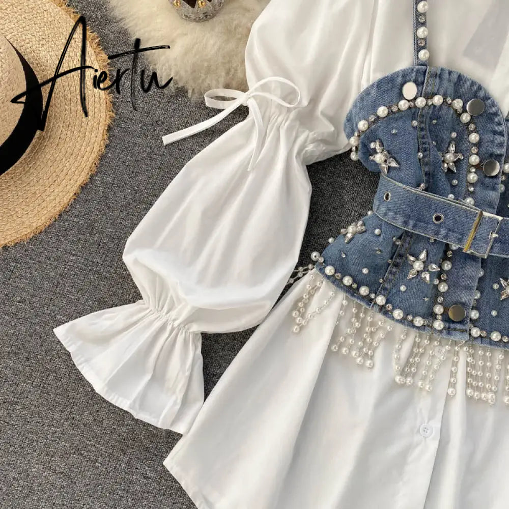 Spring New Blouse Women's Diamond Beaded Puff Sleeve Blusa Top Tassel Pearl Sling Waistcoat Two-piece Stacking Shirt C813 Aiertu