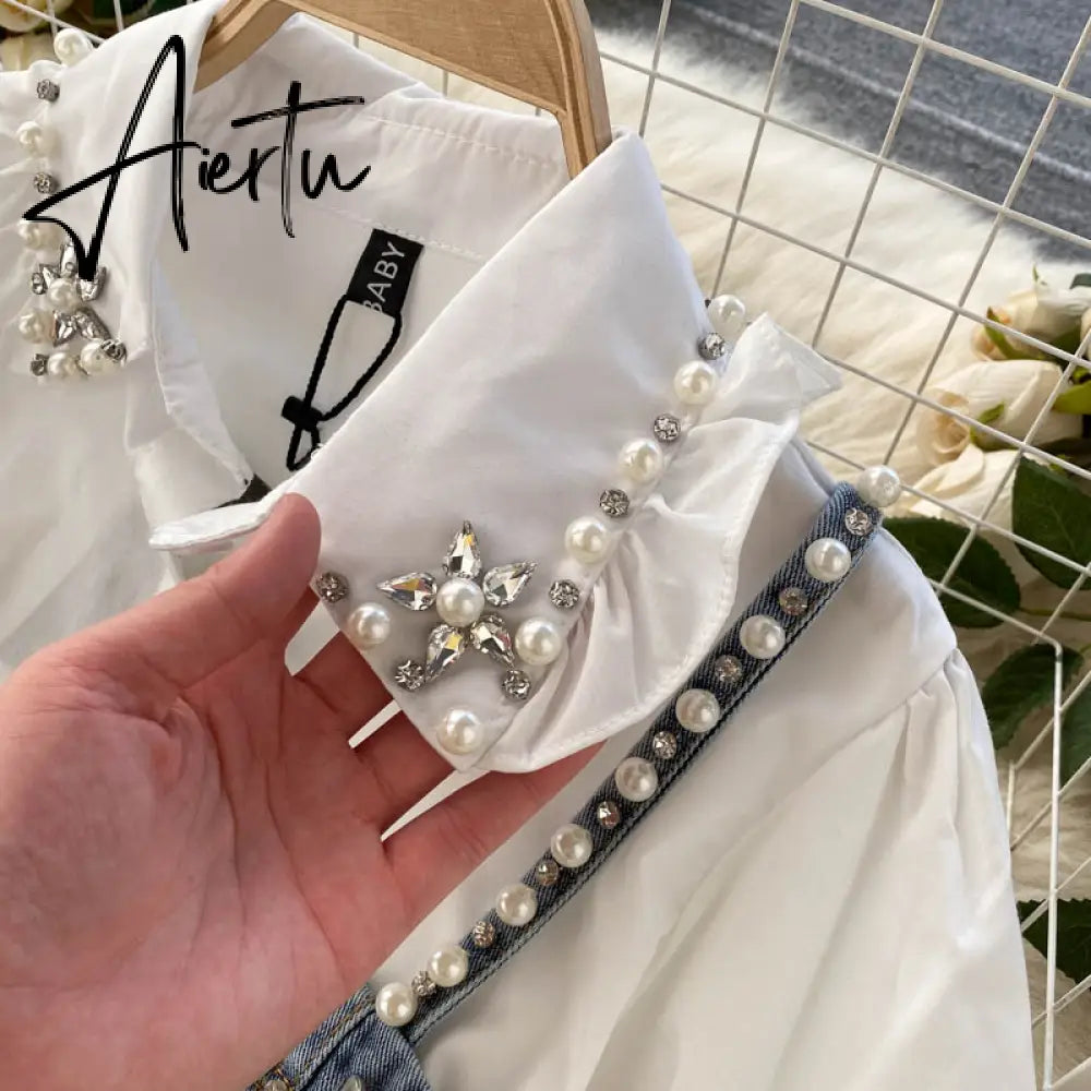 Spring New Blouse Women's Diamond Beaded Puff Sleeve Blusa Top Tassel Pearl Sling Waistcoat Two-piece Stacking Shirt C813 Aiertu