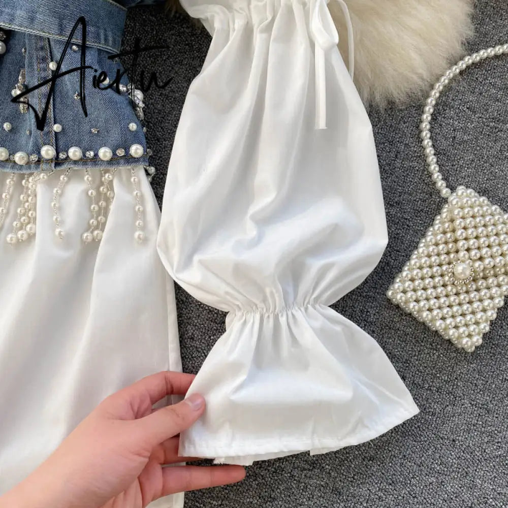 Spring New Blouse Women's Diamond Beaded Puff Sleeve Blusa Top Tassel Pearl Sling Waistcoat Two-piece Stacking Shirt C813 Aiertu