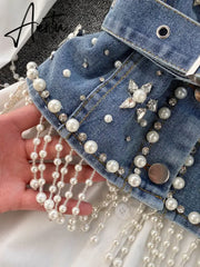 Spring New Blouse Women's Diamond Beaded Puff Sleeve Blusa Top Tassel Pearl Sling Waistcoat Two-piece Stacking Shirt C813 Aiertu