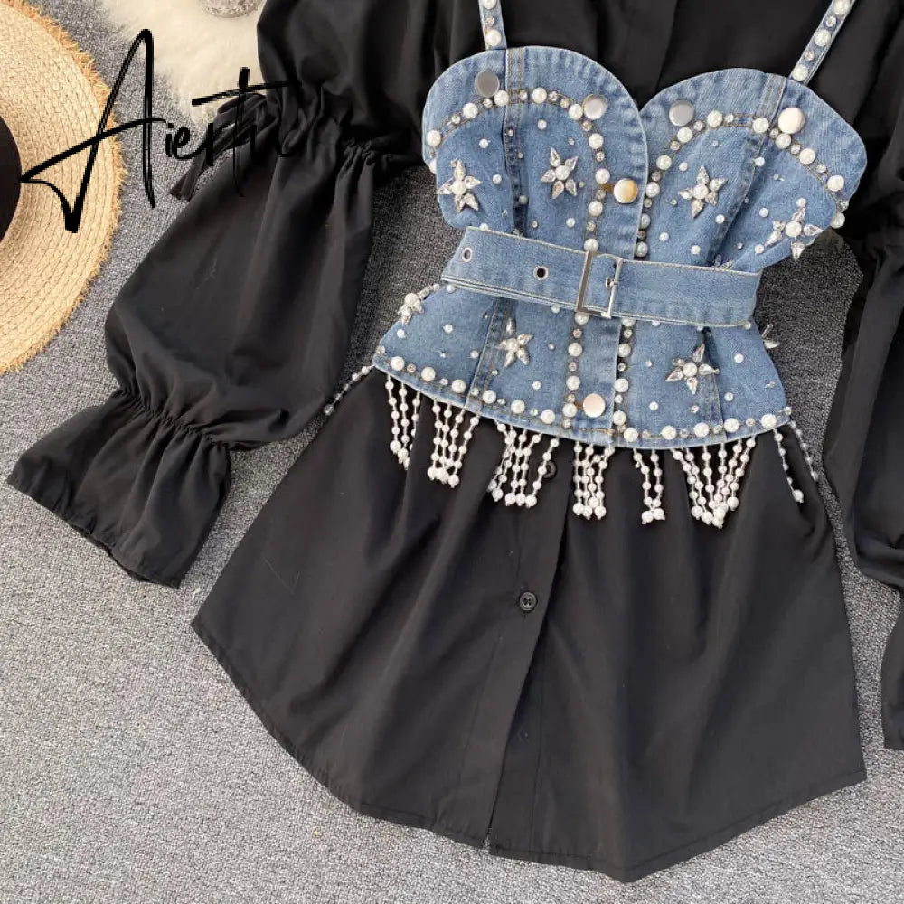 Spring New Blouse Women's Diamond Beaded Puff Sleeve Blusa Top Tassel Pearl Sling Waistcoat Two-piece Stacking Shirt C813 Aiertu