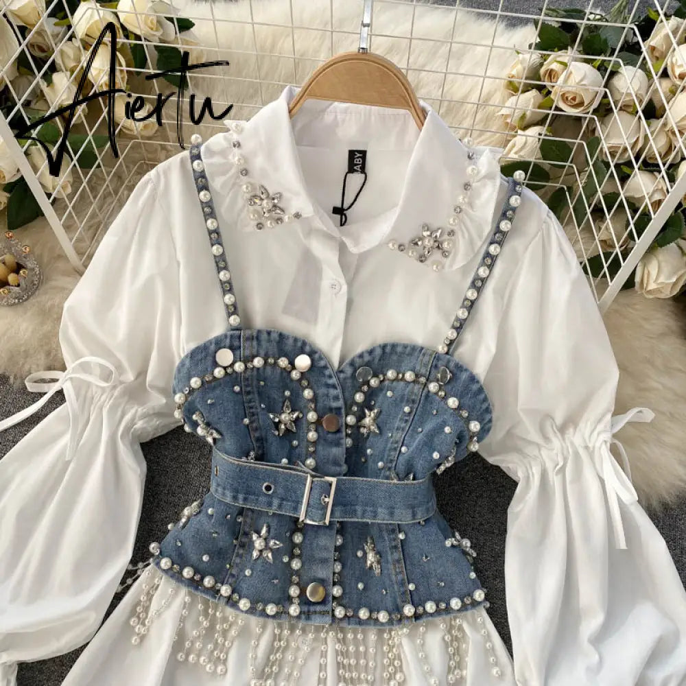 Spring New Blouse Women's Diamond Beaded Puff Sleeve Blusa Top Tassel Pearl Sling Waistcoat Two-piece Stacking Shirt C813 Aiertu