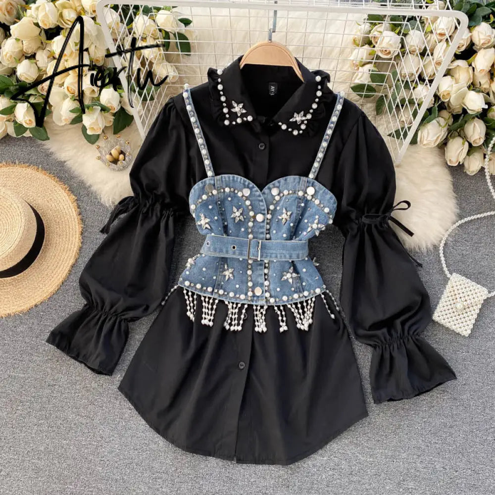 Spring New Blouse Women's Diamond Beaded Puff Sleeve Blusa Top Tassel Pearl Sling Waistcoat Two-piece Stacking Shirt C813 Aiertu
