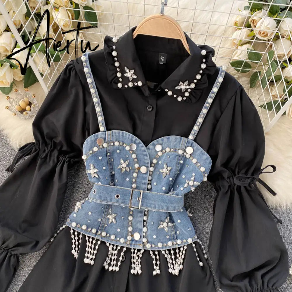 Spring New Blouse Women's Diamond Beaded Puff Sleeve Blusa Top Tassel Pearl Sling Waistcoat Two-piece Stacking Shirt C813 Aiertu