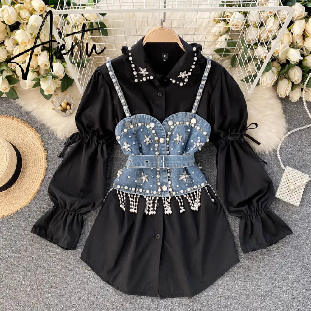 Spring New Blouse Women's Diamond Beaded Puff Sleeve Blusa Top Tassel Pearl Sling Waistcoat Two-piece Stacking Shirt C813 Aiertu
